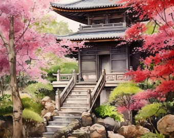 Watercolour Japanese tea house wall art digital downloadable watercolour print