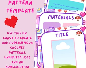 May include: A pink and purple Canva template for crochet patterns. The template includes sections for the title, materials, and a thank you message. The text "Use this on Canva to create and publish your crochet patterns. Unlimited uses and no subscription required!" is displayed on the left side of the image.