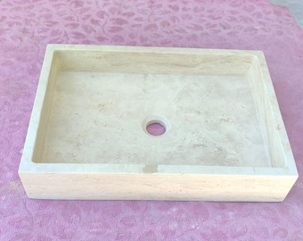 Lavandino rettangolare in travertino, moderno lavabo da appoggio, lavabo da appoggio in travertino naturale, lavabo da appoggio con bordo spesso