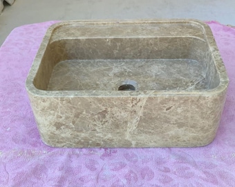 Elegant Emperador Marble Rectangular Sink, Stone Wash Basin with Natural Veining, Modern Bathroom Vanity Vessel, Luxury Handmade Basin Decor