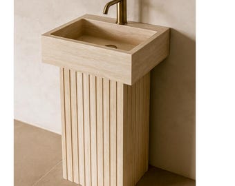 Lavandino in travertino fatto a mano con lati scanalati, lavabo rettangolare in travertino, lavabo moderno per bagno, lavabo in marmo fatto a mano