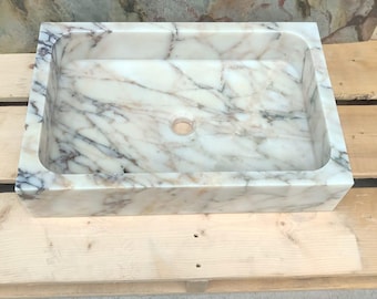 Calacatta Viola Marble Sink, Wall Mounted Sink, Farmhouse Sink, Powder Room Sink, Hand Carved Marble Sink, Concealed Drain Sink