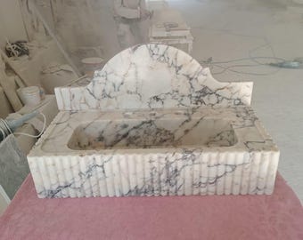 Calacatta Viola Marble Sink, Wall Mounted Sink, Farmhouse Sink, Powder Room Sink, Hand Carved Marble Sink, Concealed Drain Sink