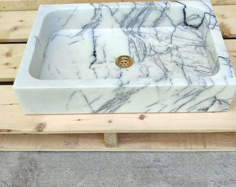 Calacatta Viola Marble Sink, Wall Mounted Sink, Farmhouse Sink, Powder Room Sink, Hand Carved Marble Sink, Concealed Drain Sink