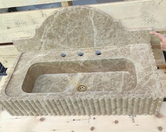 Emperador Marble Sink Wall Mounted Sink Farmhouse Sink Powder Room Sink Hand Carved Marble Sink Concealed Drain Sink