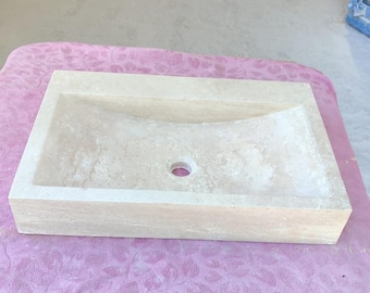 Lavandino rettangolare in travertino, lavabo da bagno in marmo travertino naturale, lavabo da appoggio minimalista, lavabo in pietra unico fatto a mano