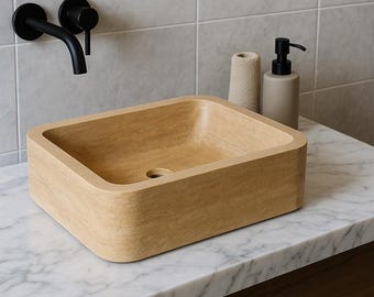 Lavandino rettangolare in travertino fatto a mano, lavabo in travertino con angoli arrotondati, moderno lavabo da appoggio per il bagno, lavabo da appoggio unico