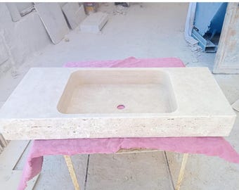Lavandino rettangolare in travertino, lavabo in marmo travertino, lavabo in pietra naturale, lavabo da appoggio moderno, lavabo decorativo per il bagno
