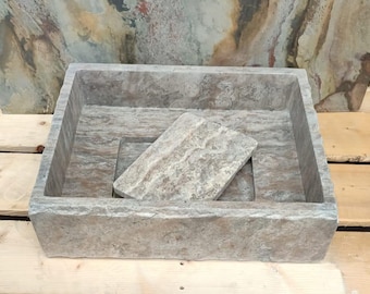 Silver Travertine Marble Sink, Powder Room Sink, Custom Order Washbasin, Hand Carved Sink, Handmade Sink, Floating Sink, Rectanguler Sink