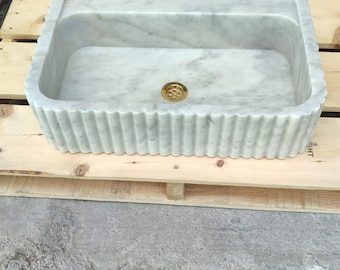 Carrara White Marble Sink, Faucet Hole Sink, Farmhouse Sink, Powder Room Sink, Calacatta Sink, Hand Carved Marble Sink