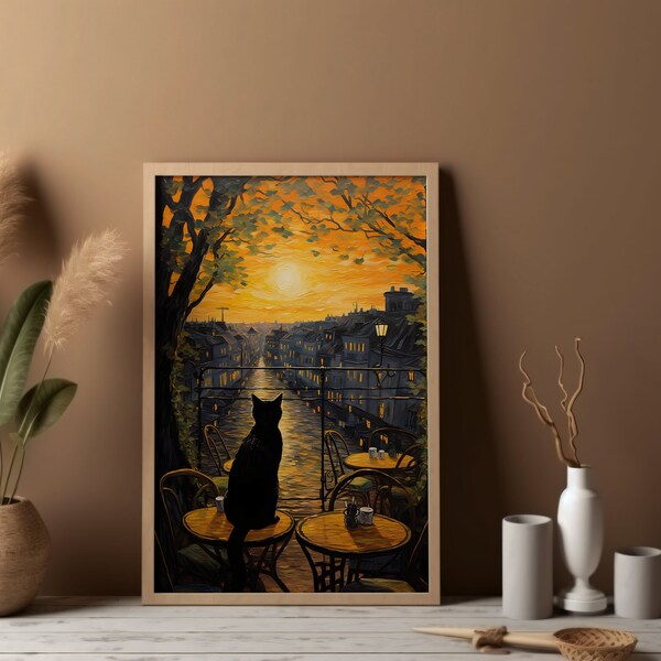 Cafe le soir, The Cafe Terrace black cat, Vincent Van Gogh poster, impressionism print, France painting, sunset black cat, DIGITAL wall art