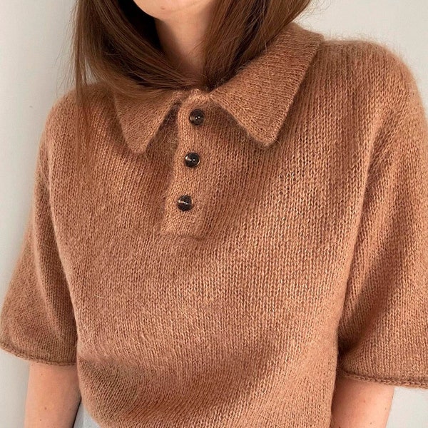 Maren Tee Knitting Pattern: Aran Weight Classic Button-Up Tee with Polo Collar. Style Womens Polo Guide with a Soft Aesthetic.