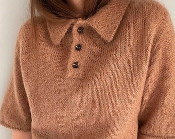Maren Tee Knitting Pattern: Aran Weight Classic Button-Up Tee with Polo Collar. Style Womens Polo Guide with a Soft Aesthetic.
