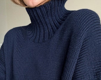 Cecil Sweater Knitting Pattern: Modern Oversized Aran Wool Pullover. Soft Minimalist Design Women Pattern with Beautiful Turtleneck Rib.