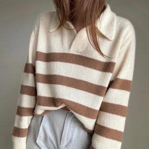 【DEARMINE】Olle Stripe Collar Knit Charlie Pullover Knitting Pattern: Woolen Polo Sweater With