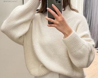 Ness Sweater Knitting Pattern: Ladies Oversized fit Top-Down Sweater Tutorial. This is knitting Mock neck pattern. Classic jumper pattern.