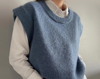 Knitting Pattern Bruno Slipover: Mohair oversized fit vest. Knitting vest pattern with Rounded neck. Basic sweater vest women's pattern.