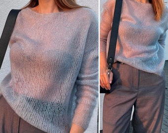 Thin Jumper Knitting Guide: Contemporary Open-Knit Sweater for Women. Loose knit Sweater Pattern includes Boatneck and Deep drop shoulders.