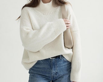 Ness Sweater Knit Guide: Modern Oversized Women's Pattern in Merino and Mohair. Top down Knit Scheme with Drop shoulders and Mock neck