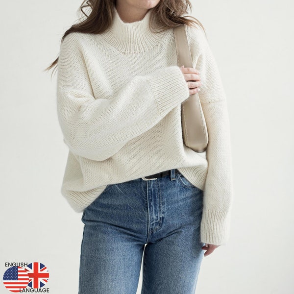 Ness Sweater Knit Guide: Modern Oversized Women's Pattern in Merino and Mohair. Top down Knit Scheme with Drop shoulders and Mock neck