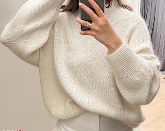 Ness Sweater Knitting Pattern: Women&#39;s Oversized fit Top-Down Sweater Tutorial. This is knit pattern with Mock neck. Classic jumper pattern.
