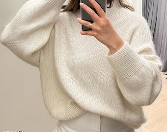 Ness Sweater Knitting Pattern: Women's Oversized fit Top-Down Sweater Tutorial. This is knit pattern with Mock neck. Classic jumper pattern.