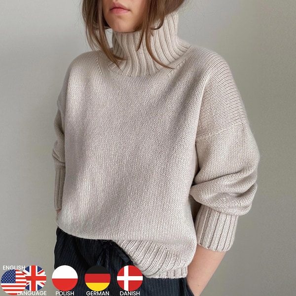 Cecil Sweater Knitting Pattern - Modern, Oversized Knitting Scheme for Women with Turtleneck and Drop Shoulders. Alpaca & mohair yarn blend