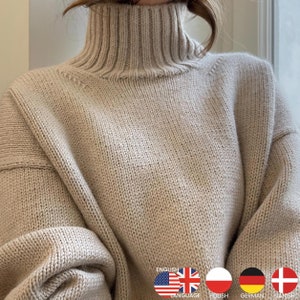 Cecil Sweater Knitting Pattern: Modern Oversized Aran Wool Pullover. Soft Minimalist Design Women Pattern with Beautiful Turtleneck Rib.
