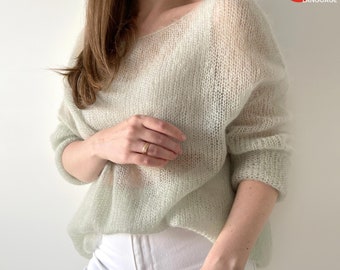 Thin Jumper Knitting Pattern: Women's Loose Knit Mohair Sweater pattern with Oversized Fit. Easy PDF Knitting Tutorial. Summer knit pattern.