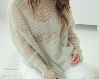 Thin Jumper Knitting Pattern: Women's Loose Knit Mohair Sweater pattern with Oversized Fit. Easy PDF Knitting Tutorial. Summer knit pattern.