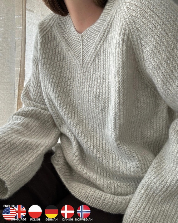 Chantal Sweater V-neck Knitting Pattern: Feminine and Elegant Pullover with Relaxed Fit, Structured Slip Stitch Design for women.