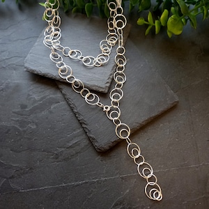 Long Sterling Silver Lariat Necklace, Circle Links Layered Chain, Unique Artisan Statement Necklace, Silver Funky Chain, Gift for Mum, women