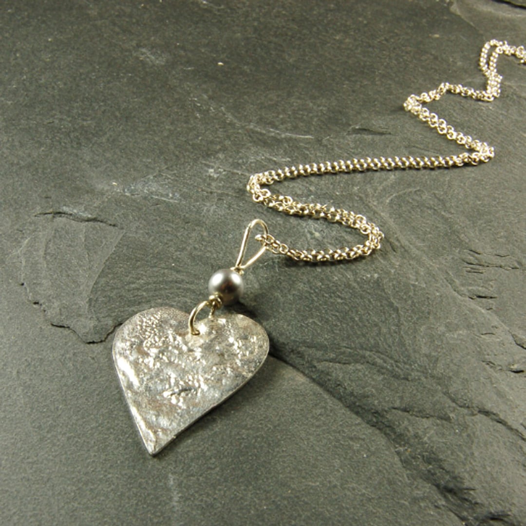 Large Sterling Silver Heart Pendant Necklace With Pearl, A Textured ...