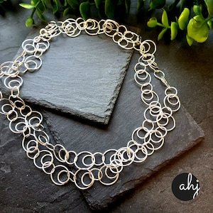 Silver Chain Necklace, Chunky Artisan Circle Links Chain, Extra Long Strand, Unique Statement Style Necklace, gift for women