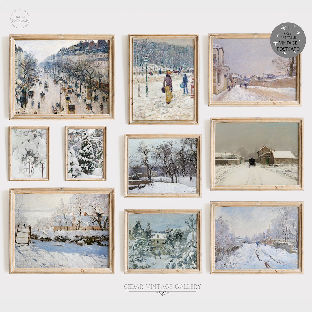 Printable Vintage Winter Scene Wall Art Set of 10, Winter Painting Gallery Wall Set, Vintage