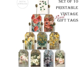 Vintage Floral Tags Set of 10, Printable Flower Gift Tags, Vintage Spring PRINTABLE Gift Tags, Summer Tags,  Digital Download