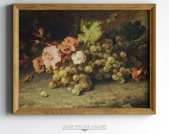 Vintage Still Life Oil Painting, Floral Still Life Oil Painting, Fruit and Flower Oil Painting Moody Still Life, Fall PRINTABLE WALL ART