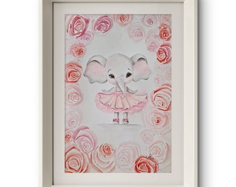 Elefant als Ballerina, Selbstgemaltes Bild für Kinderzimmer/Babyzimmer Elefantenbild Schimmer/Glitzer in Rosa/ Deko für Mädchen