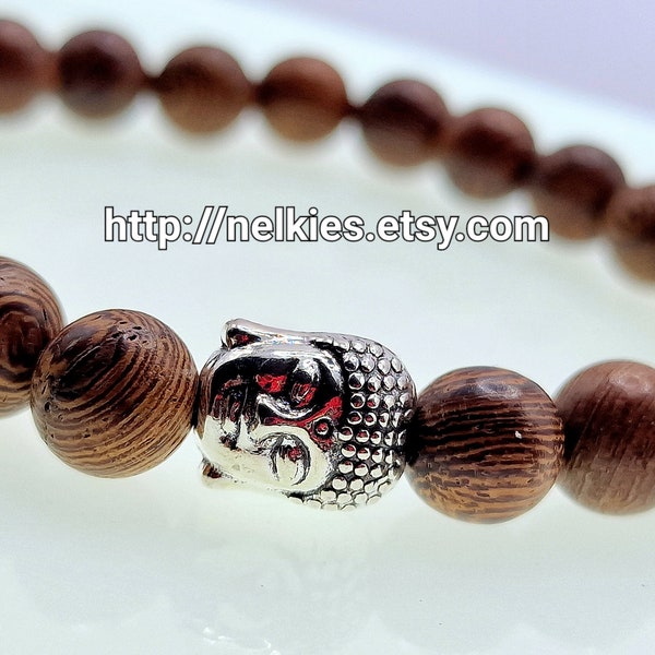 Holzperlenarmband mit Silbernen Buddha-Kopf/ Yoga Armband/ Religiöser Schmuck/ Buddhismus/Reiki Perlenarmband/ Schutzamulett