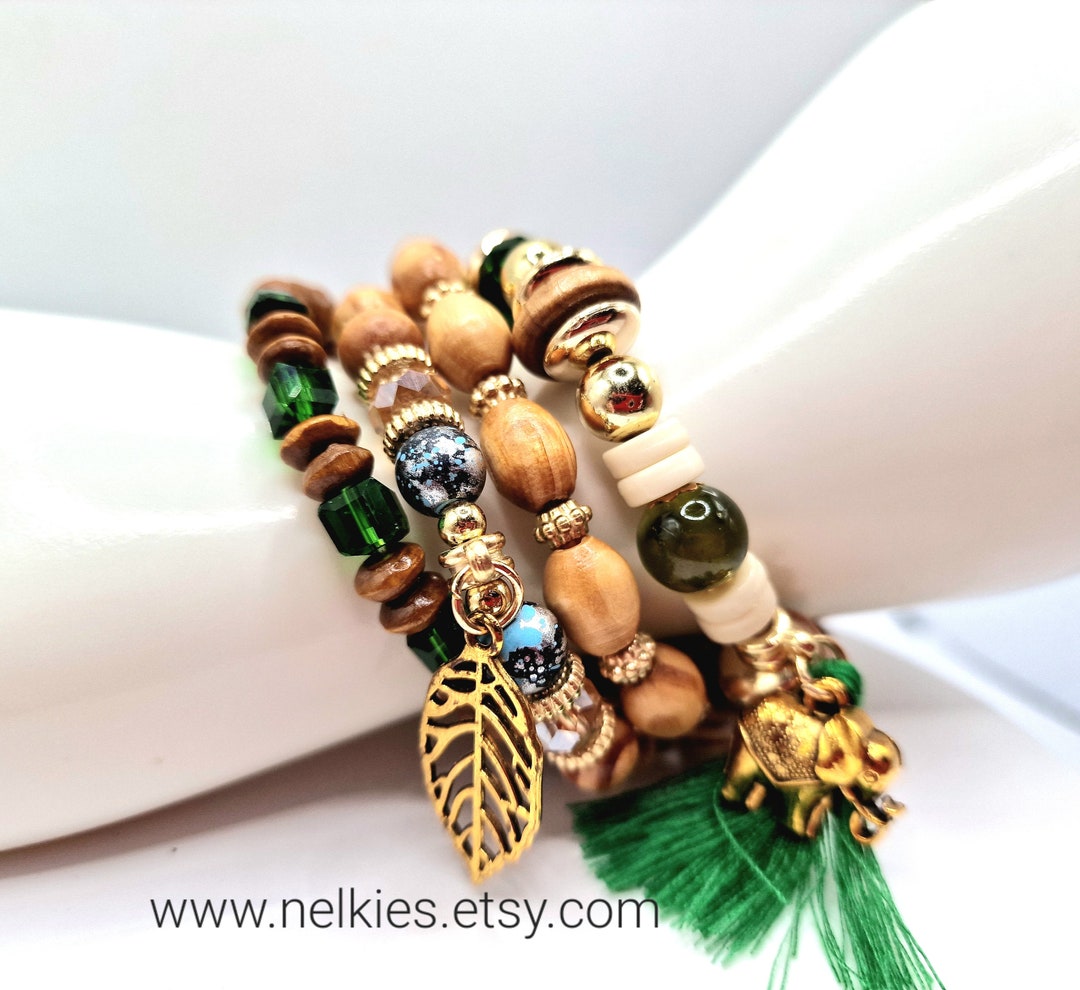 4 Wooden Bead Bracelets With Golden Elephant and Etsy