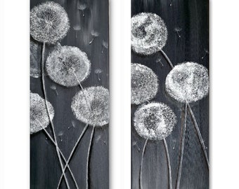 Acrylbild 2 x 20x 50cm Leinwand Pusteblumen auf Grauen Hintergrund, Acryl Malerei/ Wandbild, Pusteblume schwarz, Grau, Weiß