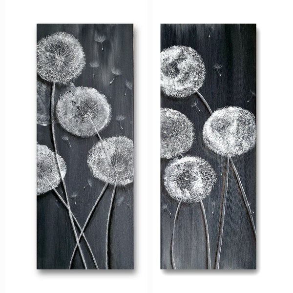 Acrylbild 2 x 20x 50cm Leinwand Pusteblumen auf Grauen Hintergrund, Acryl Malerei/ Wandbild, Pusteblume schwarz, Grau, Weiß