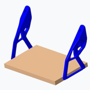 May include: Two blue plastic shelf brackets supporting a rectangular wooden shelf.