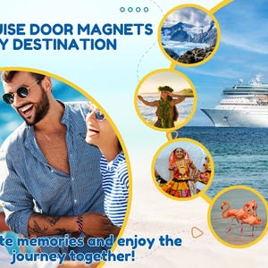Puede incluir: Un gr&aacute;fico promocional para imanes de puerta de crucero de Miami con el texto MIAMI CRUISE DOOR MAGNETS FOR EVERY DESTINATION y Create memories and enjoy the journey together. La imagen muestra un crucero, escenas tropicales y personas.
