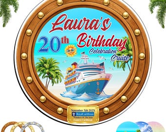 Imán personalizado para puerta de crucero con forma de ojo de buey, letrero personalizado con nombre y edad, crucero Royal Caribbean Princess.