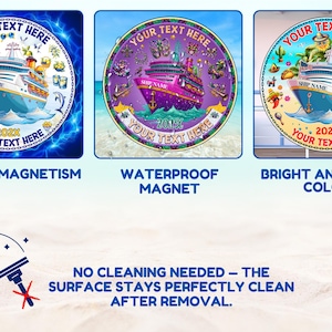 Puede incluir: Tres imanes circulares de cruceros con &aacute;reas de texto personalizables, nombres de barcos y espacios para el a&ntilde;o. Los dise&ntilde;os incluyen un tema de oc&eacute;ano azul, un tema festivo morado y un tema tropical con colores brillantes y claros.