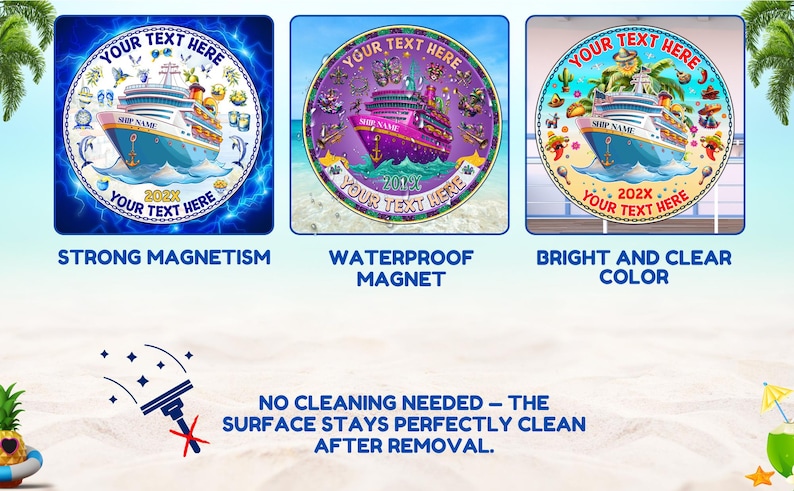 Puede incluir: Tres imanes circulares de cruceros con &aacute;reas de texto personalizables, nombres de barcos y espacios para el a&ntilde;o. Los dise&ntilde;os incluyen un tema de oc&eacute;ano azul, un tema festivo morado y un tema tropical con colores brillantes y claros.