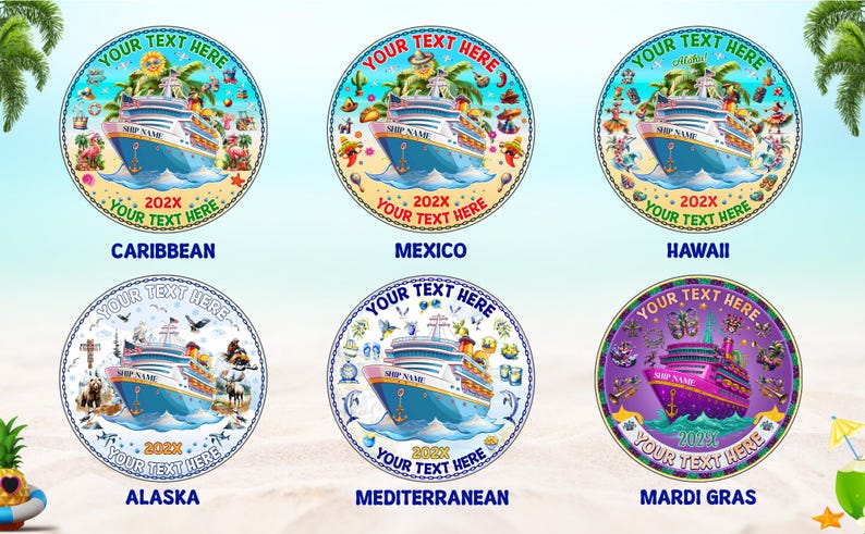 Puede incluir: Seis dise&ntilde;os circulares de cruceros con &aacute;reas de texto personalizables, nombres de barcos y temas de destino como el Caribe, M&eacute;xico, Haw&aacute;i, Alaska, el Mediterr&aacute;neo y Mardi Gras, cada uno con coloridas ilustraciones de barcos e iconos regionales.