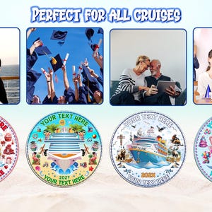 Puede incluir: Cuatro adornos circulares de cruceros con &aacute;reas de texto personalizables, ilustraciones de barcos y varios gr&aacute;ficos tem&aacute;ticos como corazones, globos y pasteles. El texto "PERFECT FOR ALL CRUISES" aparece en la parte superior, con espacios para nombres y a&ntilde;os.