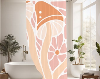 Floral Vintage Mushroom Shower Curtain, Retro Mushroom Shower Curtain, Boho Mushroom Shower Curtain, Boho Pink Shower Curtain, Boho Decor